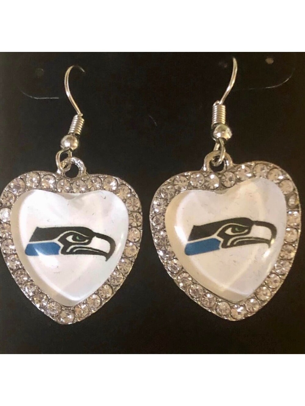 Seattle Seahawks Heart Rhinestone Dangle Earrings  NFL Football Jewelry